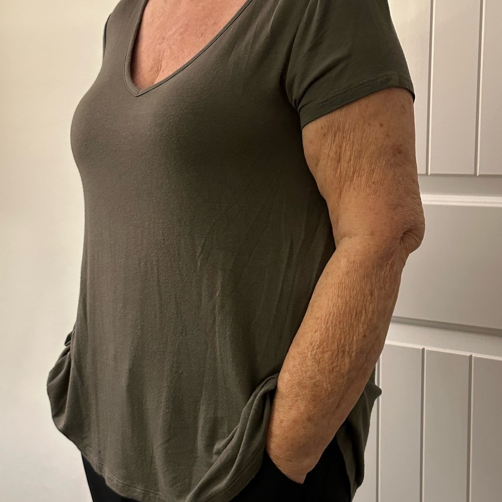 The Cozy Tee by Hippie Rose, XL, color is khaki green.
